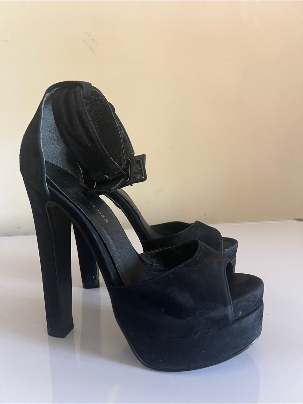 Kurt Geiger Women’s Black Suede Platform Peep-Toe Ankle-Strap Heels Size: 37